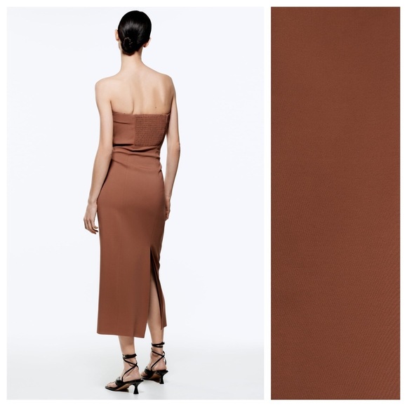 NWT. Zara Brown Bustier Strapless Midi Dress. Size S. - Picture 4 of 11